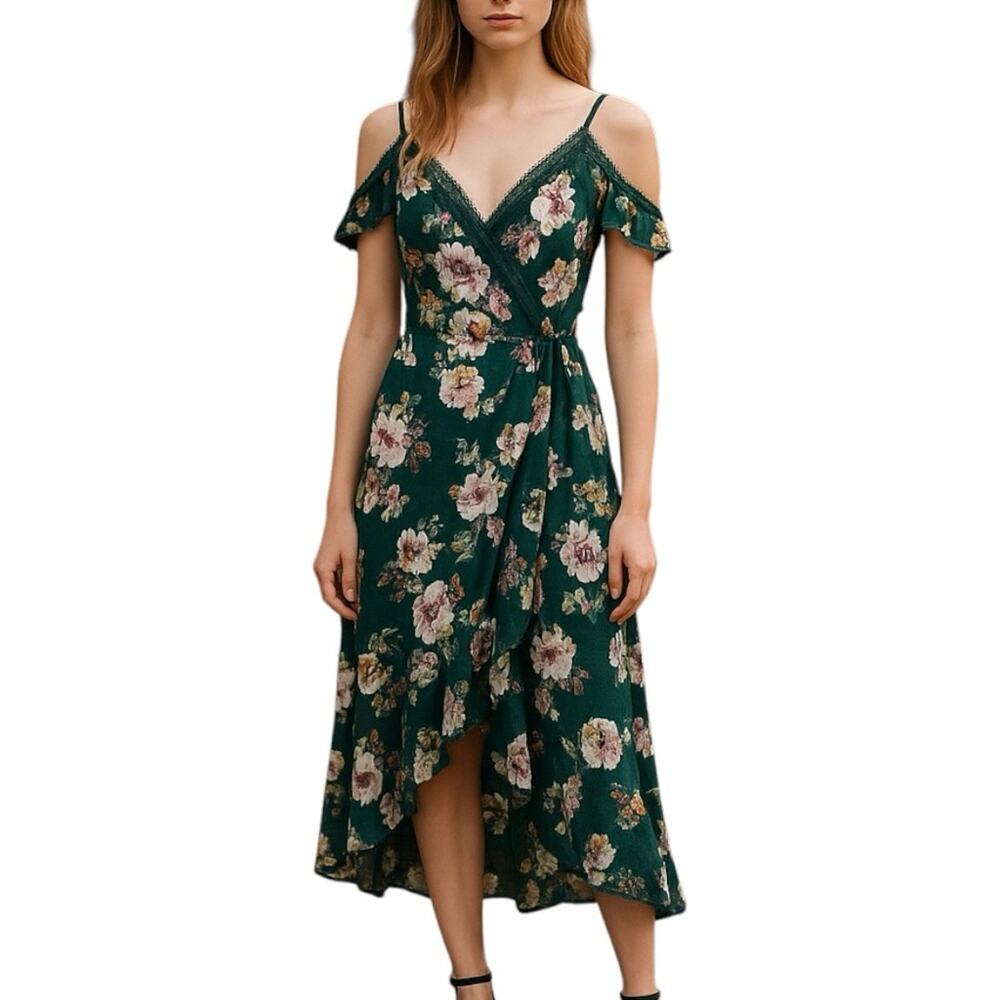 Charlotte Russe Floral Green Cold Shoulder High Low Wrap Dress Size Small NWT